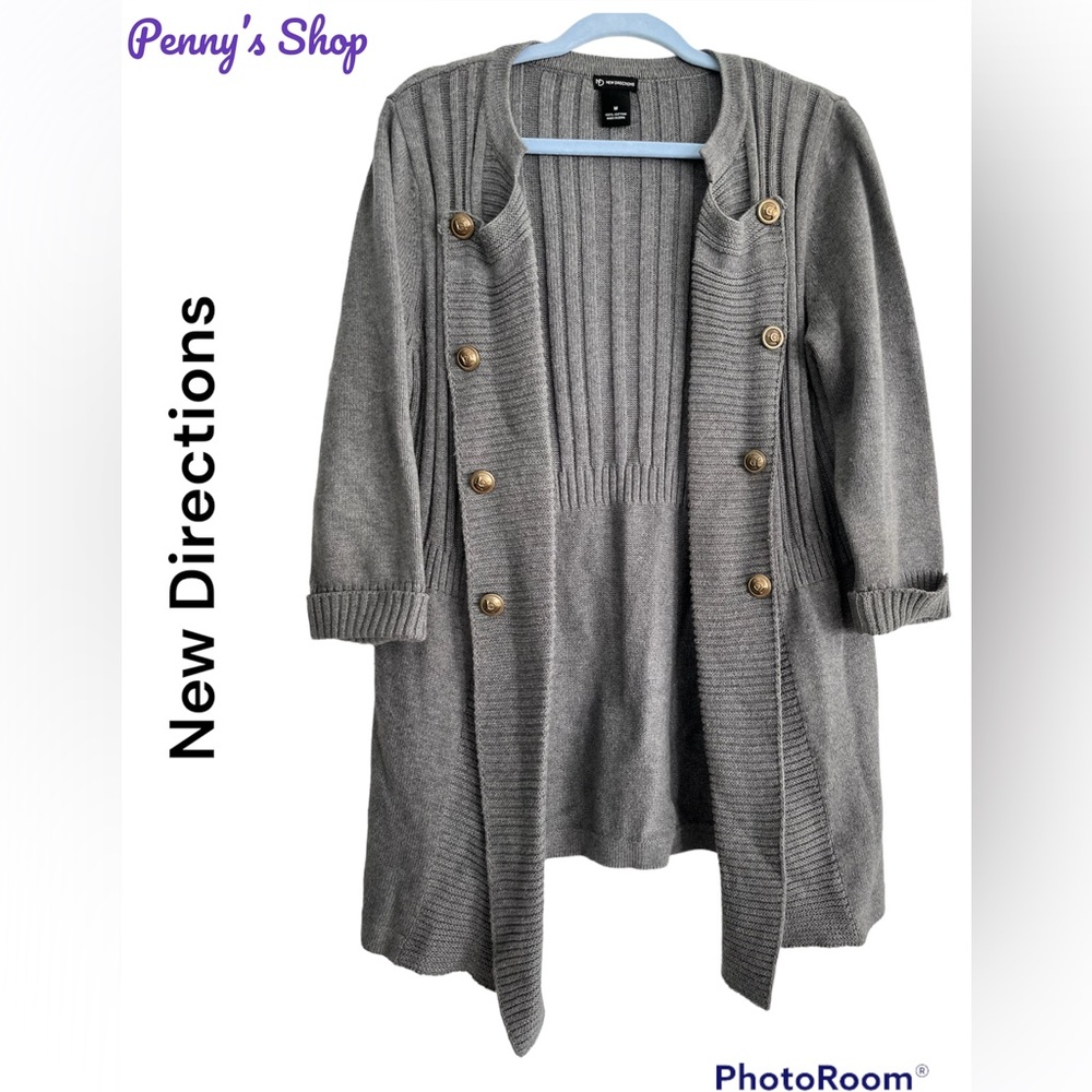 New Directions Ladies Gray Cardigan with gold buttons